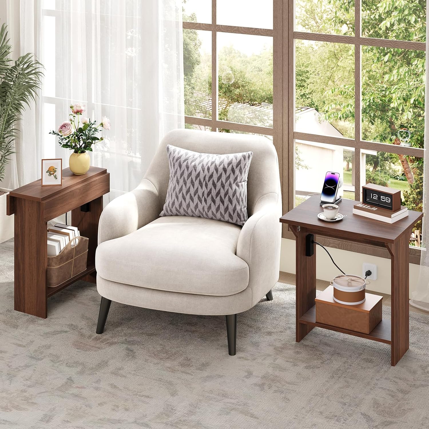 MAHANCRIS End Table with Charging Station, Foldable Narrow Side Table, Narrow Nighstand with Folding Top, Small Side Table for Small Spaces, for Living Room, Bedroom, Walnut ETZB74E01
