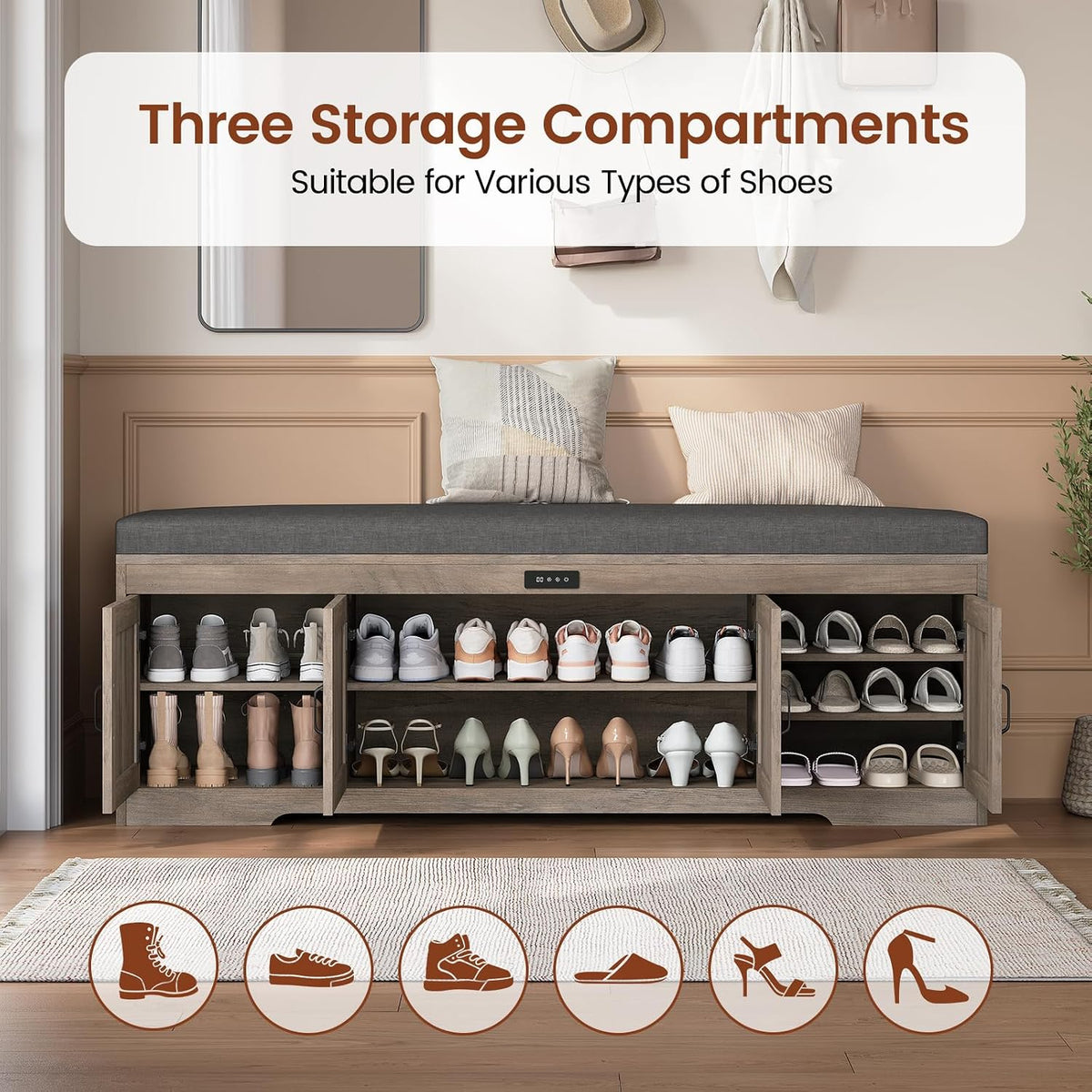 UPOSOJA 60“ Farmhouse Shoe Storage Bench with Deodorizing, Entryway Storage Bench with Cushion Seat, 4 Doors Freestanding Hidden Shoe Rack, Adjustable Shelf, for Bedroom, Living Room (Gray Wash, 60IN)
