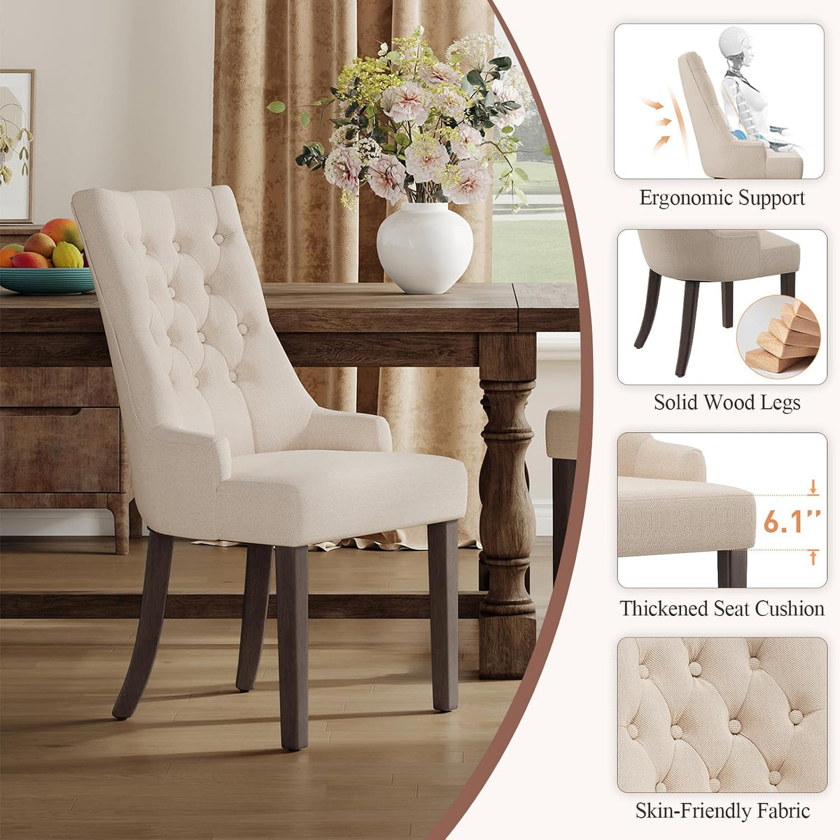 COLAMY Fabric Side Dining Chairs Set of 2, Wingback Upholstered Dining Room Chairs with Tufted Button, Living Room Chairs for Home Kitchen, Beige