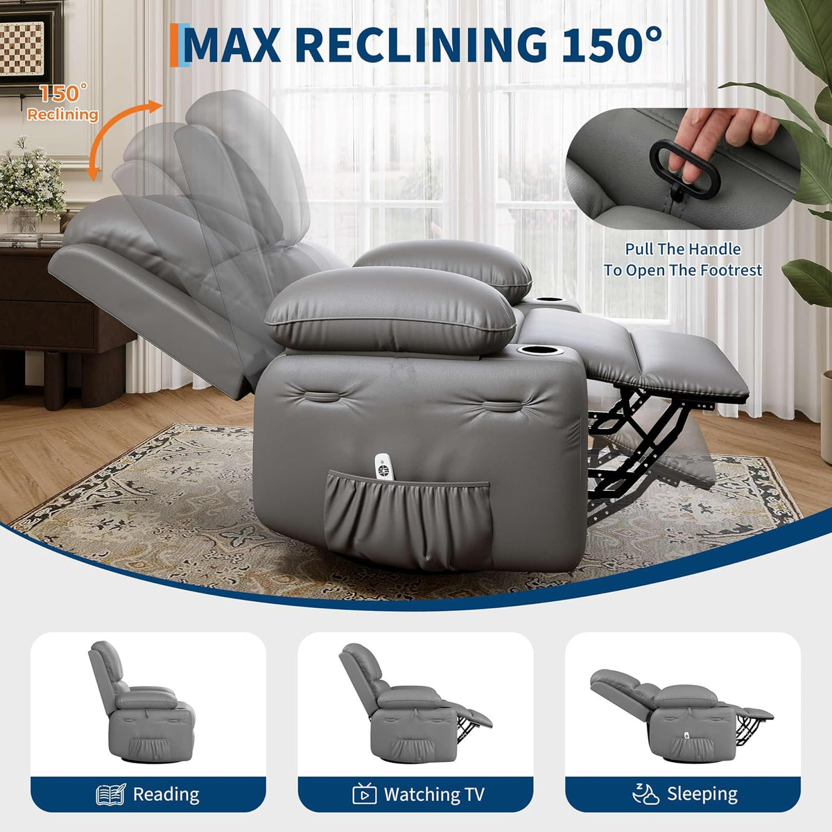 GarveeHome Leather Recliner Chair - Heat and Massage, Swivel Rocker Manual Recliner for Adults, Reclining Sofa Rocking Chair with Side Pocket, Cup Holders for Living Room
