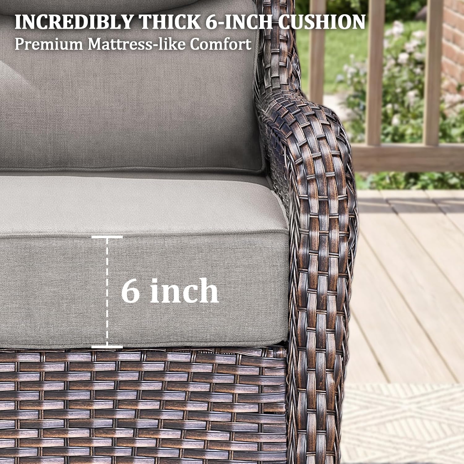 Luxury Swivel Rocker Chairs Fire Pit Table Set with 6" Thick Cushion 4 piece Wicker Outdoor Patio Chair with Sofa,Comfortable High Back Outdoor Patio Furniture Set - Brown | Gery