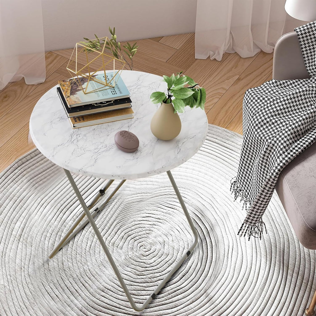 TV Trays Table Set of 4 Round Portable Folding TV Tray Table TV Dinner Tray with Sturdy MDF, No Assembly Required, 17.5 x 17.5 x 26 in (White Marble, 4Pcs)