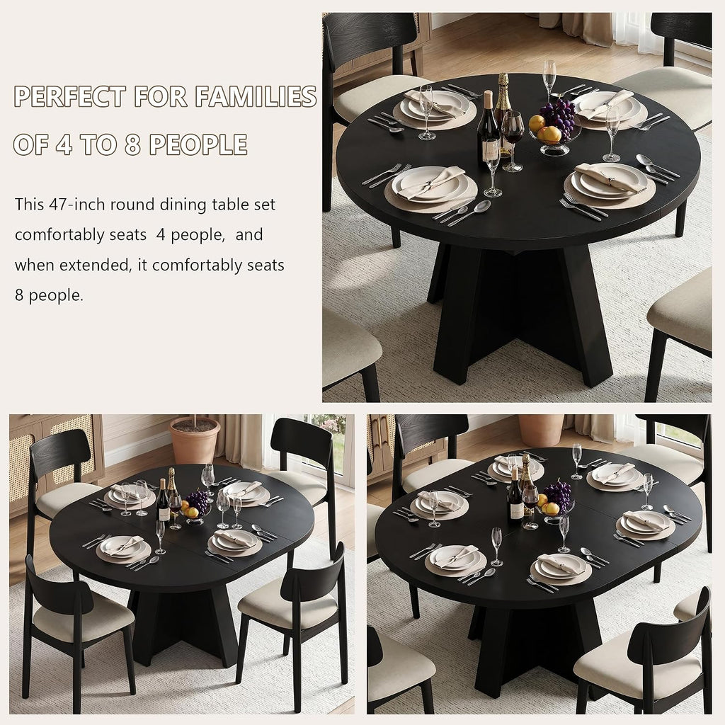 Einhomn 43"-59" Extendable Dining Room Table for 4-8 People, Oval Dining Table with Removable Leaves Space Saving, Round Expandable Kitchen Table for Dining Room Kitchen Living Room, Black