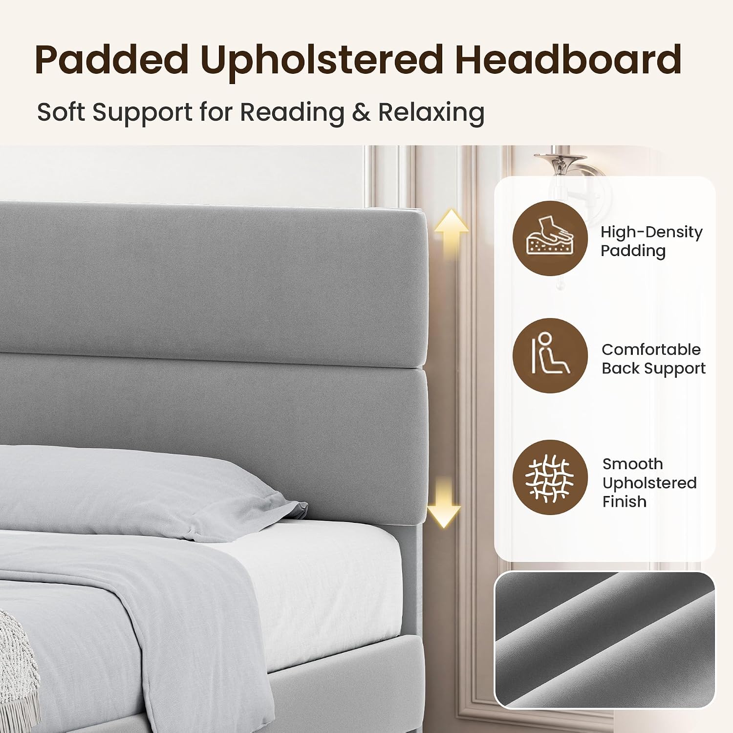 GRUSIGN King Size Platform Bed Frame with Velvet Headboard, Adjustable Height Wooden Slats Support, Upholstered Mattress Foundation, Fits Mattress or Mattress with Box Spring, Easy Assembly, Grey