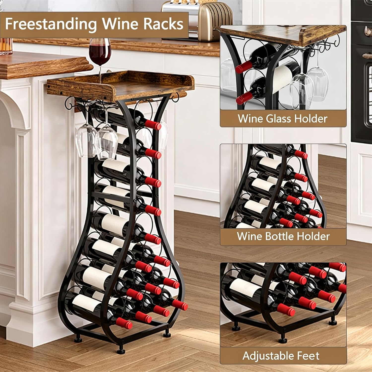 Wine Rack Freestanding Floor, Freestanding Wine Racks with 14 Bottles Wine Glass Holder, Mini Bar Wood Tabletop Wine Storage, Small Wine Cabinet for Home Bar Kitchen Dining Room