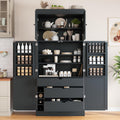 77" Tall Kitchen Pantry Cabinet with 3 Drawers, Large Wooden Kitchen Organizers Storage Cabinet with 6 Door Shelves, Adjustable Shelves and Wine Racks for Dining Room, Dark Gray