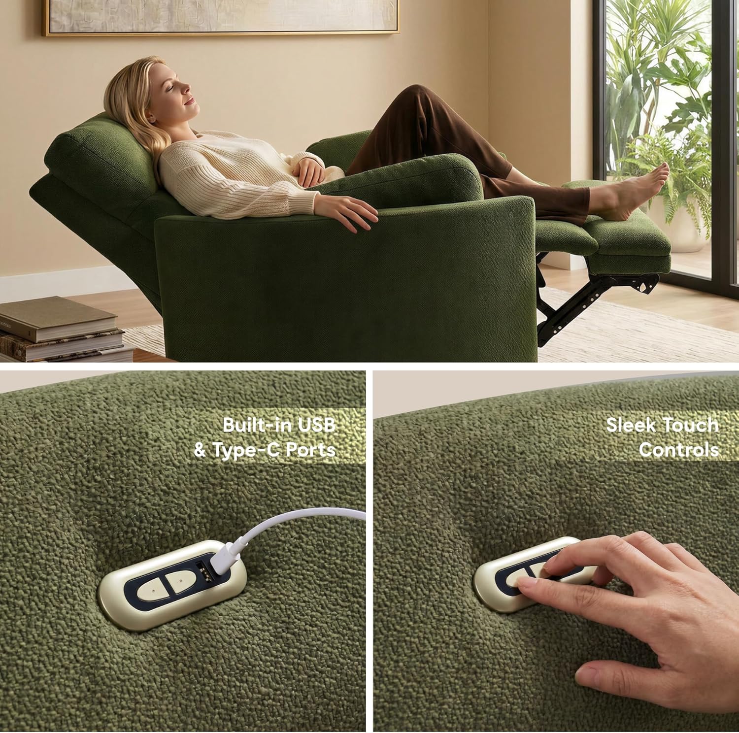 FLEXISPOT Mochi Oversized 54" Power Recliner Chair for Big & Tall, Chenille Fabric Electric Recliner with USB & Type-C Ports, Wide Single Sofa with Pillows for Living Room & Bedroom, Olive Green