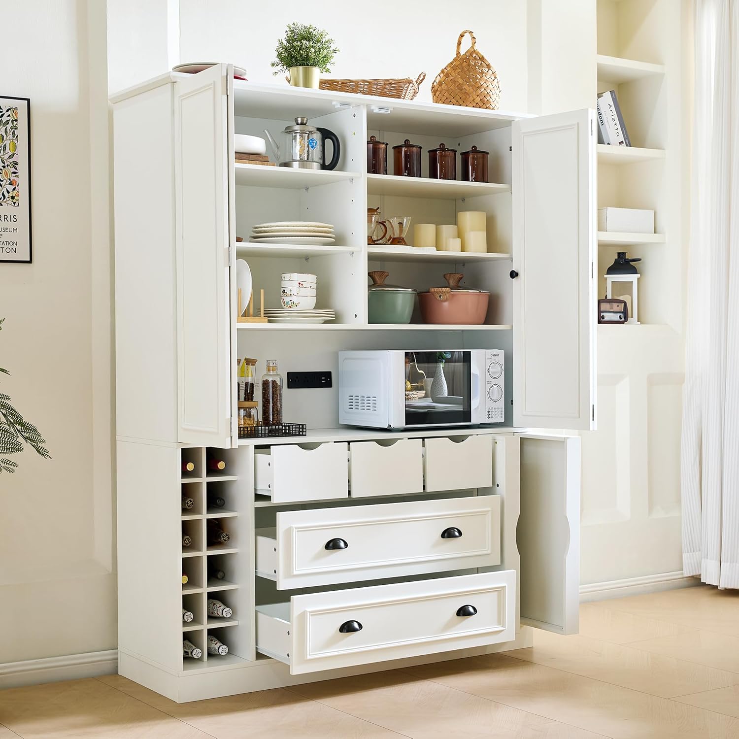 Merax Farmhouse 71" Large Kitchen Pantry Cabinet with Power Outlet, 53.2" Wide Storage Cupboard with 4 Foldable Doors, Adjustable Shelves, Wine Racks & Serving Trays, for Dining Room, White