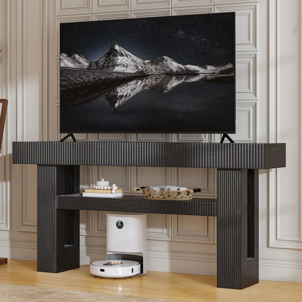 Bigbiglife 63" Fluted Console Table, Black | 2-Tier with Storage Shelves, Narrow Long Wood Design, For Entryway, Living Room, Hallway, Behind Couch or Sofa Table