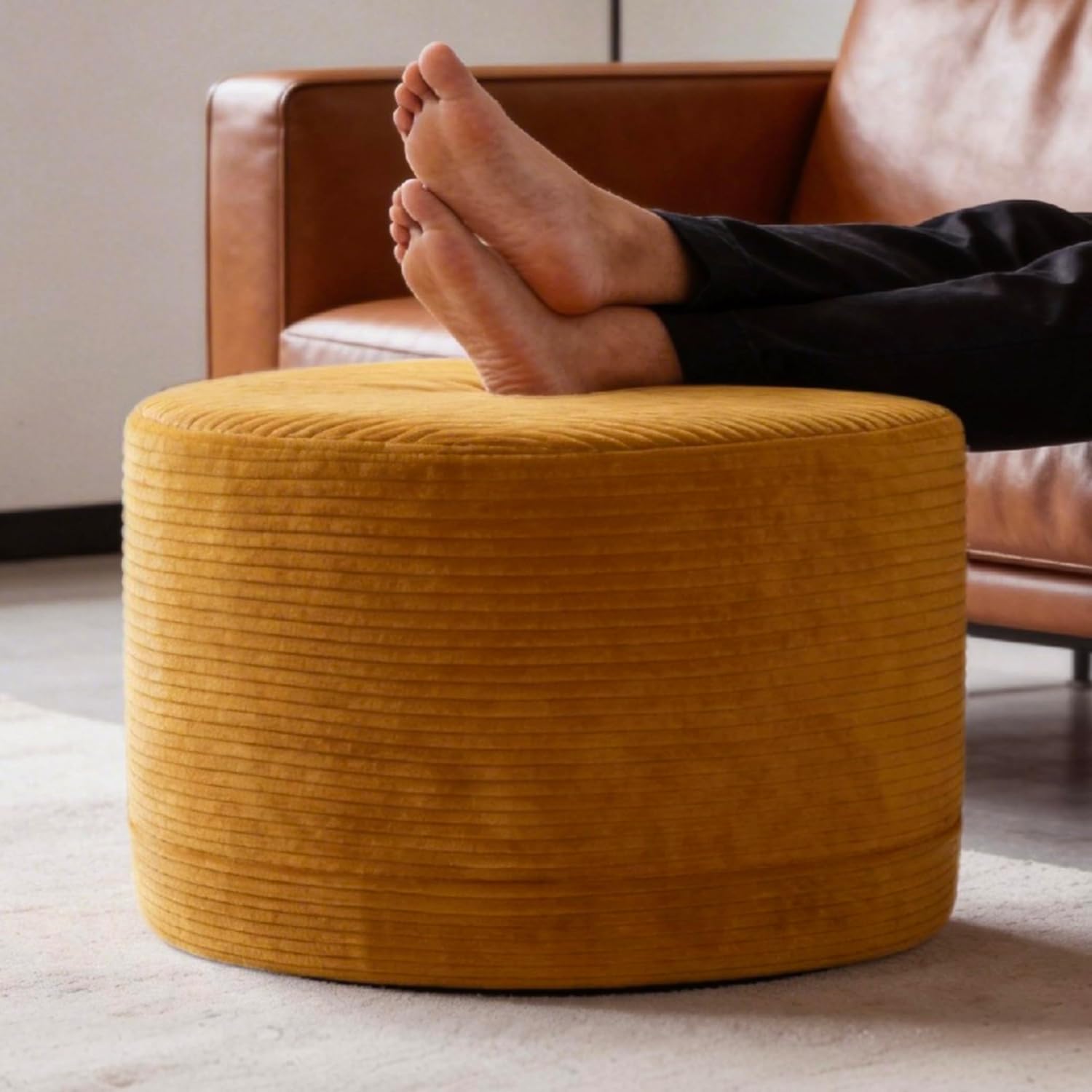 Thgonwid Round Ottoman Pouf, Plush Corduroy Foot Stool with High-Density Memory Foam, 3-in-1 Footrest Extra Seating Side Table for Living Room Bedroom Home Decor, 20 x 14 Inch, Gold Yellow
