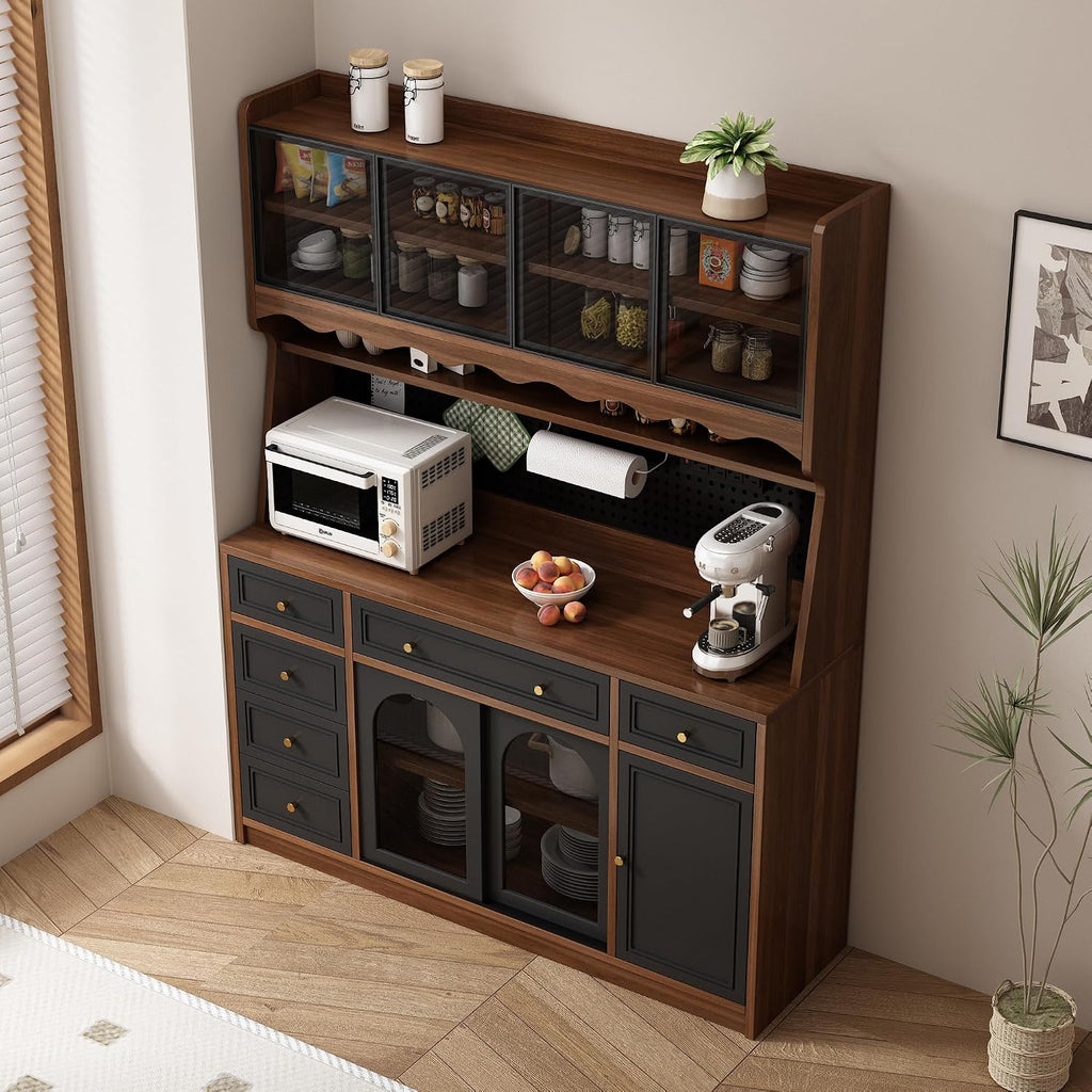63" W Farmhouse Buffet Cabinet with Hutch, Freestanding Coffee Bar Sideboard with 6 Drawers, 4 Cabinets, Adjustable Shelves, Pegboard and Power Outlet for Dining Room Storage Cabinet,Brown Black