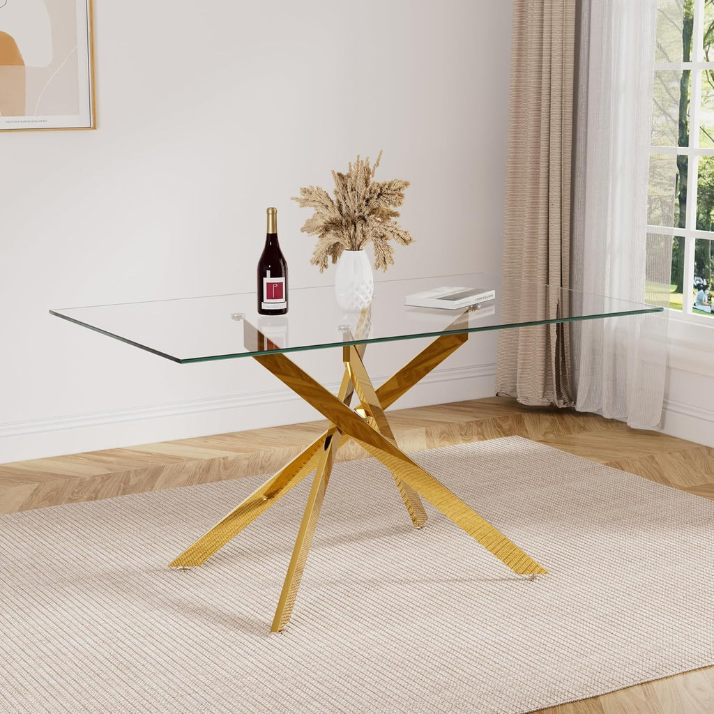 Glass Dining Table for 4-6, Contemporary Rectangular Dining Room Table with Tempered Glass Top & Gold Finish Metal Legs, Modern Elegant Dining Table for Home Kitchen