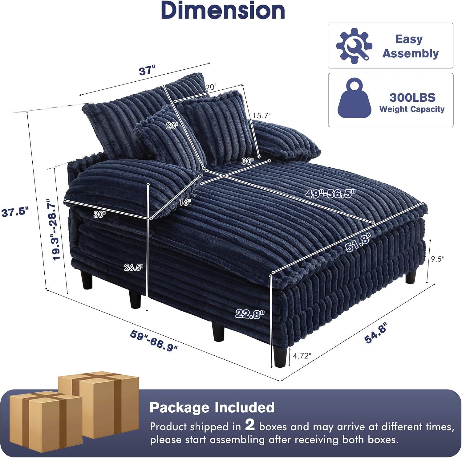 WESTSETLUX 54.8" W Oversized Chaise Lounge Chair Indoor with 5-Position Adjustable Backrest, Plush Sleeper Sofa Bed with Pillows, Upholstered Cloud Couch Chair for Living Room, Study Room, Navy Blue