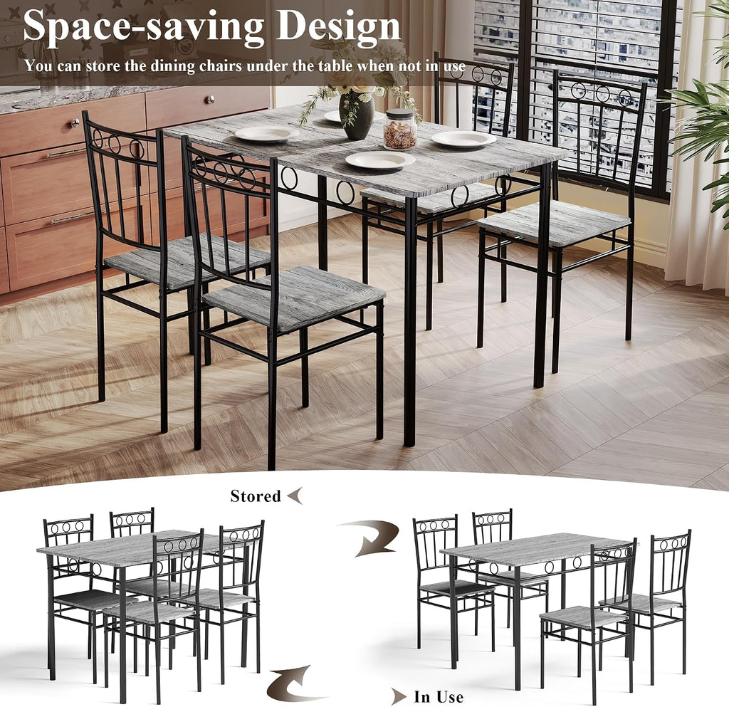 5 Piece Dining Table Set, Modern Metal&Wood Kitchen Dinner Table with 4 Chairs, Dining Room Table Sets for Small Spaces, Gray
