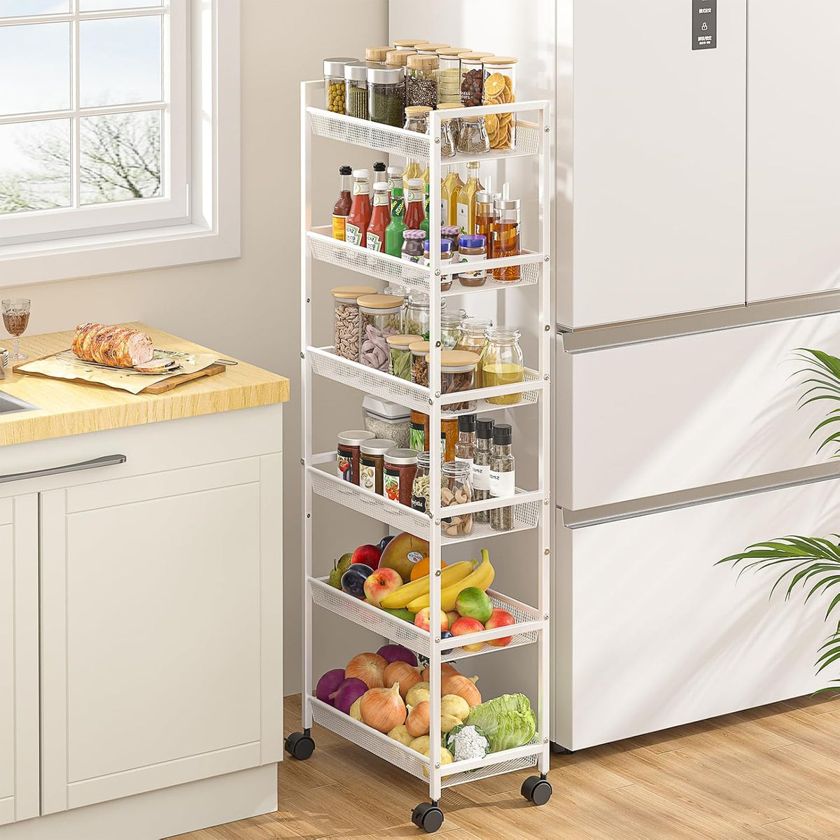 6 Tier Slim Rolling Storage Cart, Narrow Mobile Shelving Unit Organizer Utility Cart with Wheels, Metal Wire Storage Rack with Baskets for Kitchen, Bathroom, Laundry & Living Room, 10in(W) White