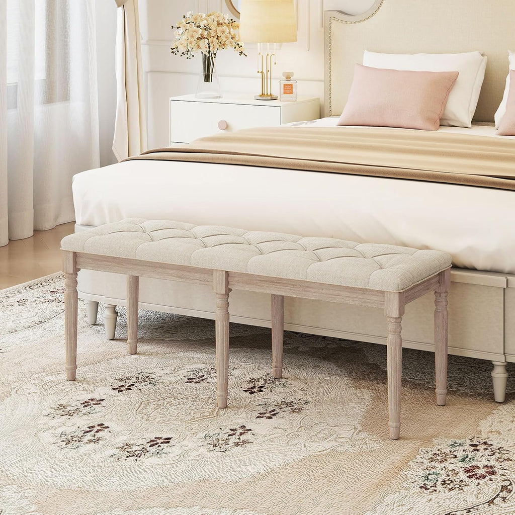 GOFLAME 47.5” Upholstered Bedroom Bench, French Tufted End of Bed Bench with Antiqued Legs, Rubber Wood Frame, Farmhouse Entryway Bench with Cushion, Dining Bench for Bedroom, Living Room, Hallway