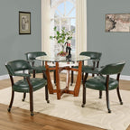 Set of 6 Dining Leather ArmChairs with Casters,Green PU, 360° Move | Accent Kitchen Chairs with Wheels, Captain's Rolling Poker Table Chair Set, Button Tufted Cushion, Open Back, for Home Office