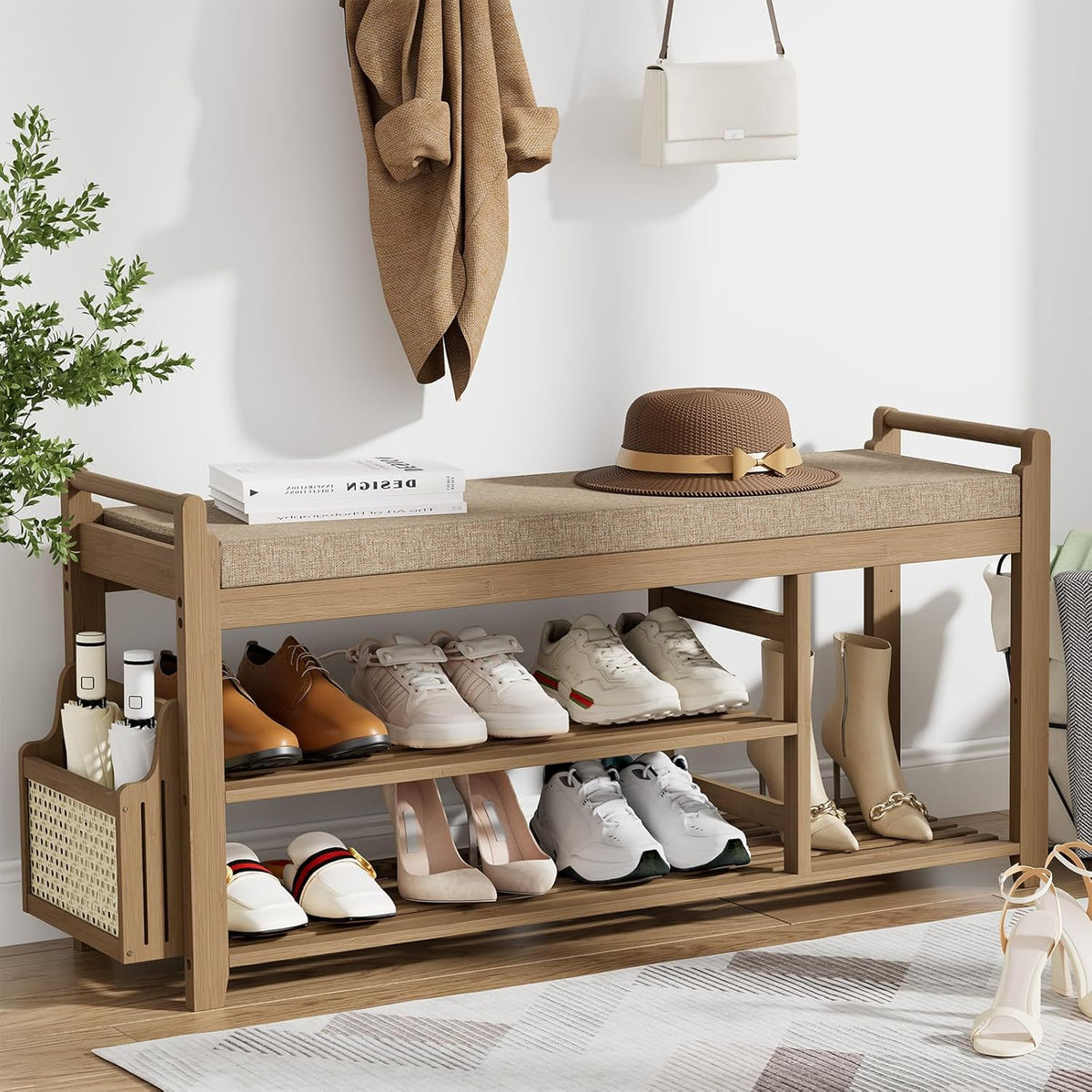 Homaxy 2-Tier Shoe Rack Bench with Side Holder, 39.4 in Bamboo Entryway Bench, Shoe Rack Organizer with Cushion for Front Entrance, Hallway Living Room Bedroom, Walnut and Light Brown