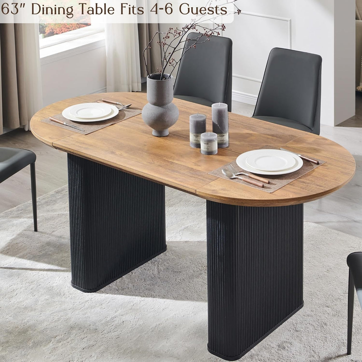 T4TREAM 63" Fluted Oval Dining Table for Kitchen Living Room,Brown&Black