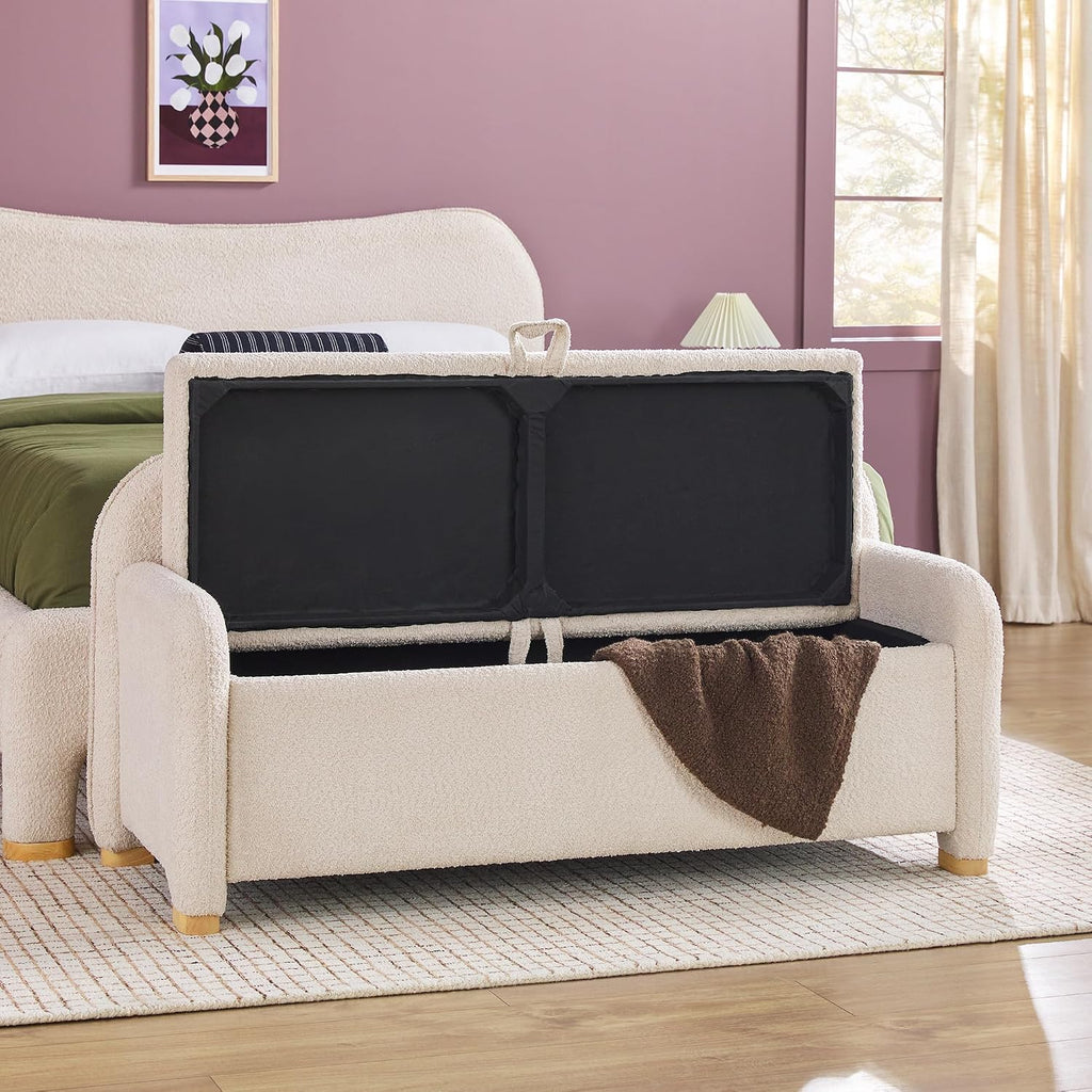 Walker Edison Chantelle Modern Contemporary Curved Upholstered Bench with Storage, 56 Inch, Ivory Bouclé