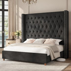 PaPaJet King Bed Frame 61.4" Tall Upholstered Wingback Headboard, Black