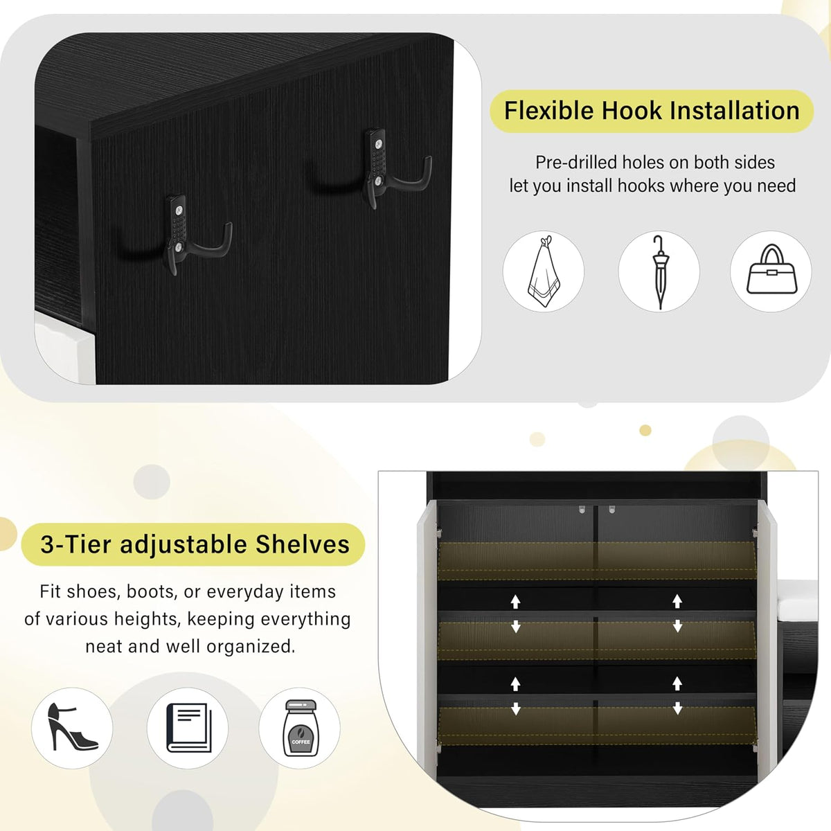 Modern Storage Cabinet with Shoe Bench, 2 Doors and 3-Tier Adjustable Shelves, Entryway Bench with 4 Open Shoe Racks and Removeble Cushion, Console Table with Wavy Slatted Door and Hooks (Beige+Black)