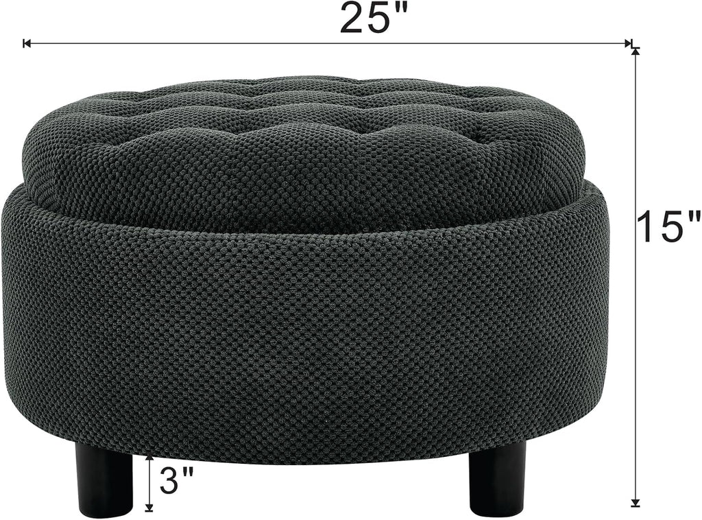 25'' Round Storage Ottoman with Reversible Tray Lid, Tufted Footrest Stool with Hidden Storage, Couch Side Table for Low Tea (Dark Grey)