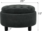 25'' Round Storage Ottoman with Reversible Tray Lid, Tufted Footrest Stool with Hidden Storage, Couch Side Table for Low Tea (Dark Grey)