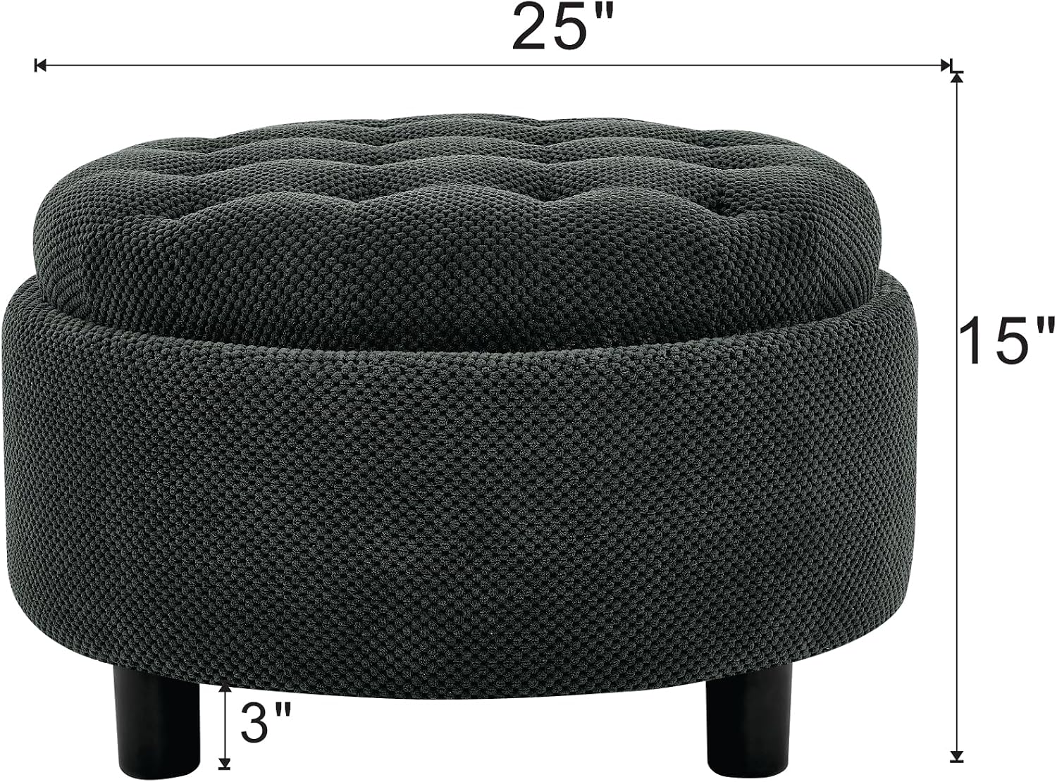 25'' Round Storage Ottoman with Reversible Tray Lid, Tufted Footrest Stool with Hidden Storage, Couch Side Table for Low Tea (Dark Grey)