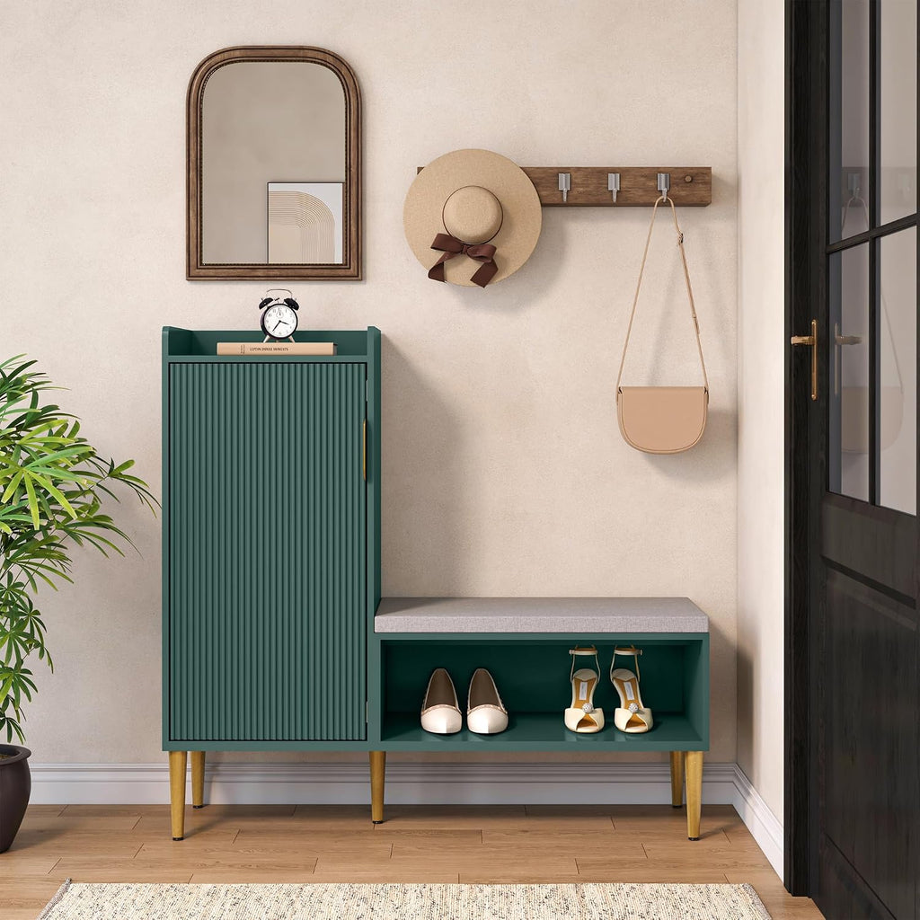 Storage Bench with Fluted Door&Shelf, Modern Entryway Bench with Padded Seat, L-Shaped Shoe Organizer Cabinet for Hallway, Living Room, Office, Green