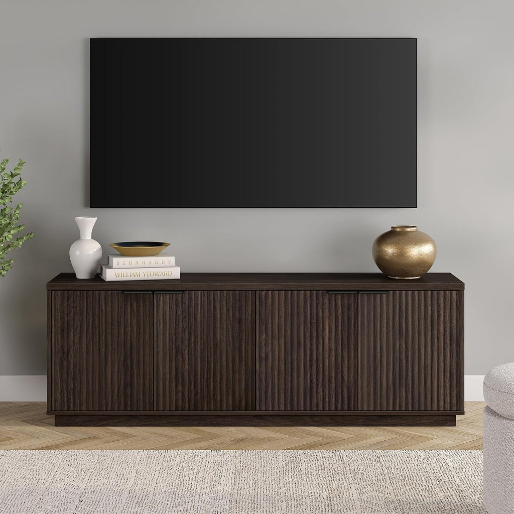 Henn&Hart 70" TV Stand for TVs up to 78", Rich Brown | Elegant ribbed doors, adjustable shelves, and cable cut-outs create stylish, clutter-free storage for any room