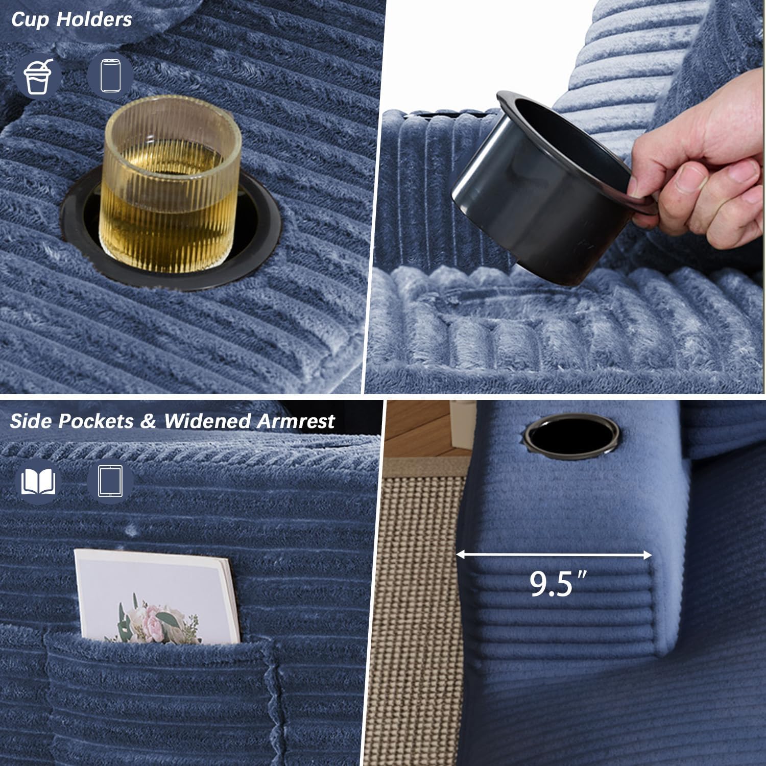 50" x 76" Corduroy Chaise Lounge Sofa Bed with Cup Holders, Blue | Extra-long corduroy chaise with deep sleeper seating, built-in cup holders, and 3 pillows for lounging or overnight rest.