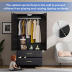 Wooden Armoire Wardrobe Closet, Bedroom Armoires with Door and Drawers, Freestanding Wardrobe Clothing Storage Cabinet with Shelves and Hanging Rod for Bedroom, Laundry Room, Cloak Room（Black）