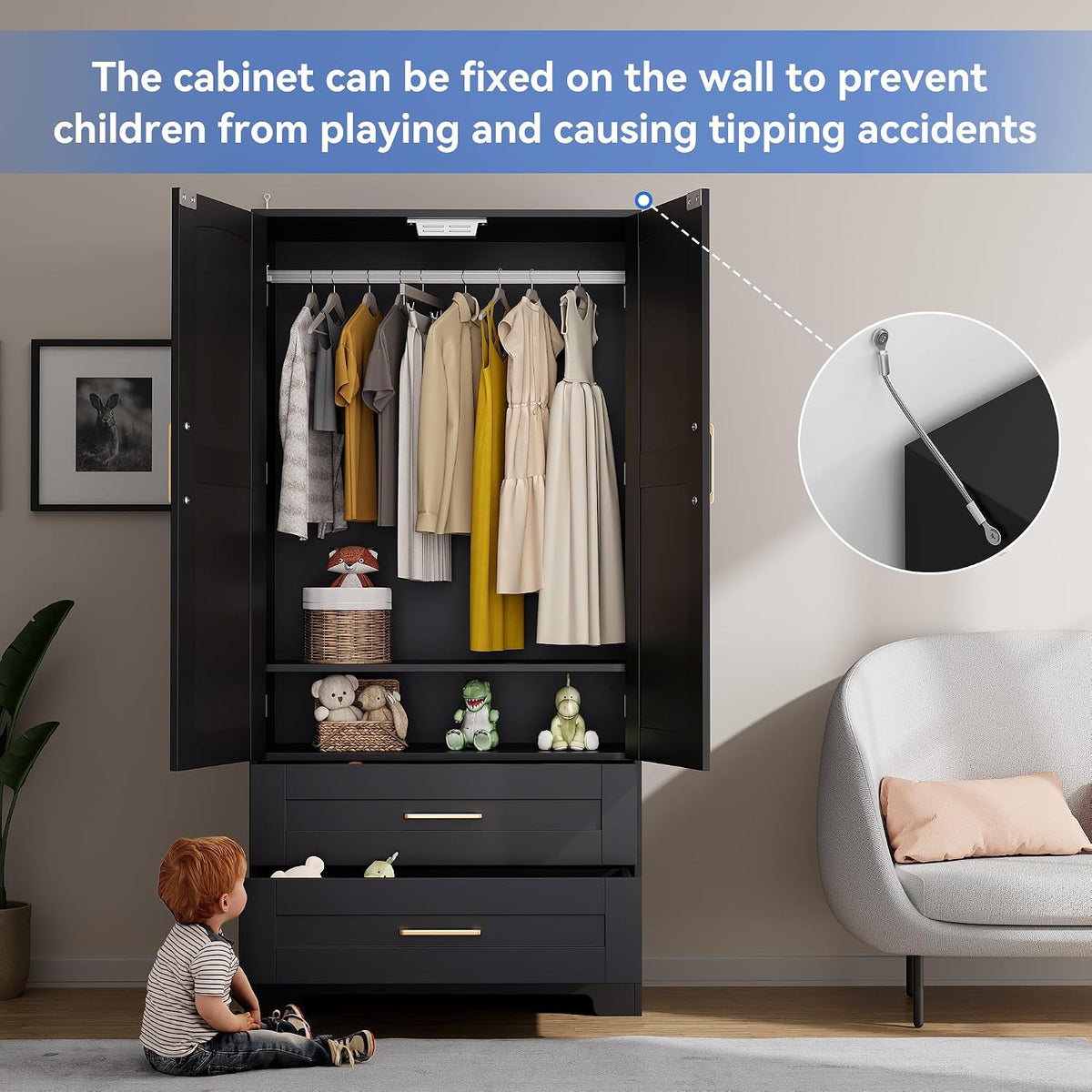 Wooden Armoire Wardrobe Closet, Bedroom Armoires with Door and Drawers, Freestanding Wardrobe Clothing Storage Cabinet with Shelves and Hanging Rod for Bedroom, Laundry Room, Cloak Room（Black）