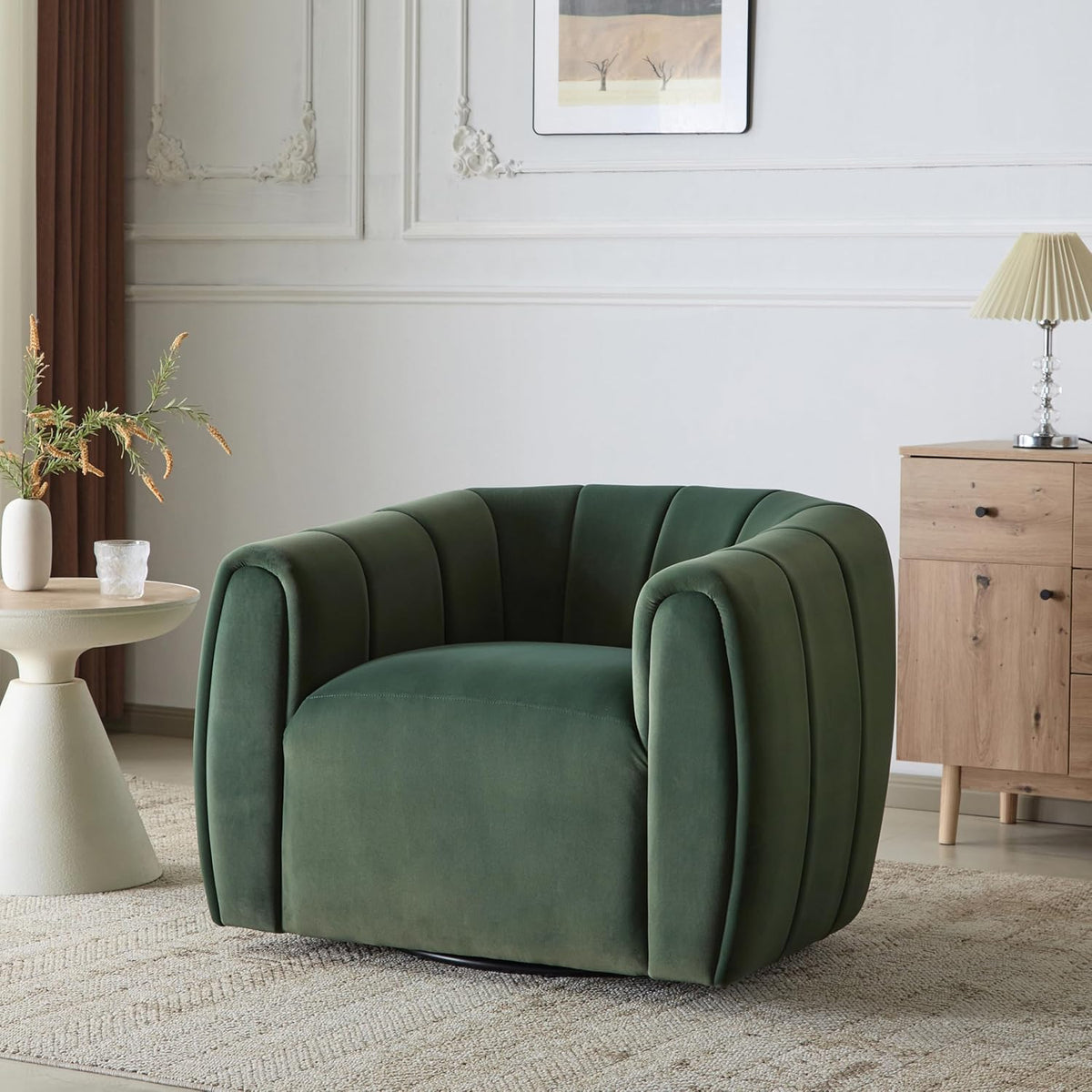 Christopher Knight Home Monroe Velvet Swivel Club Chair,Armchair with 360-Degree Rotation,Upholstered Barrel Swivel Sofa Chair for Living Room/Bedroom,Tufted Back,Thick Cushion, Iron Base, Olive Green