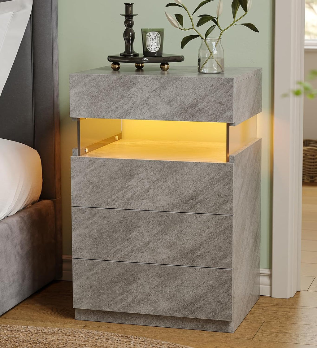 Bingoday Gray LED Night Stand Set 2 with 4 Drawers Modern Bedside Table | Nightstands with App-Controlled Adjustable LED Lights, Night Stand with Storage Shelf ,Modern Bedside Table for Bedroom