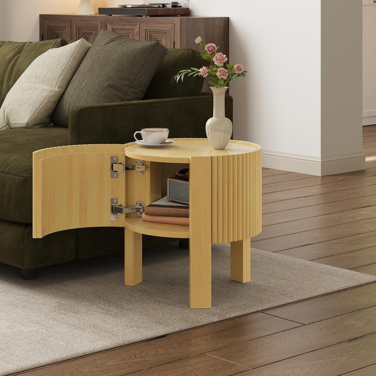 Living Room Table Set of 3 with 1 Coffee Table and 2 Side Tables, Rubber Solid Wood, Soft-Close Door, Natural, 47"