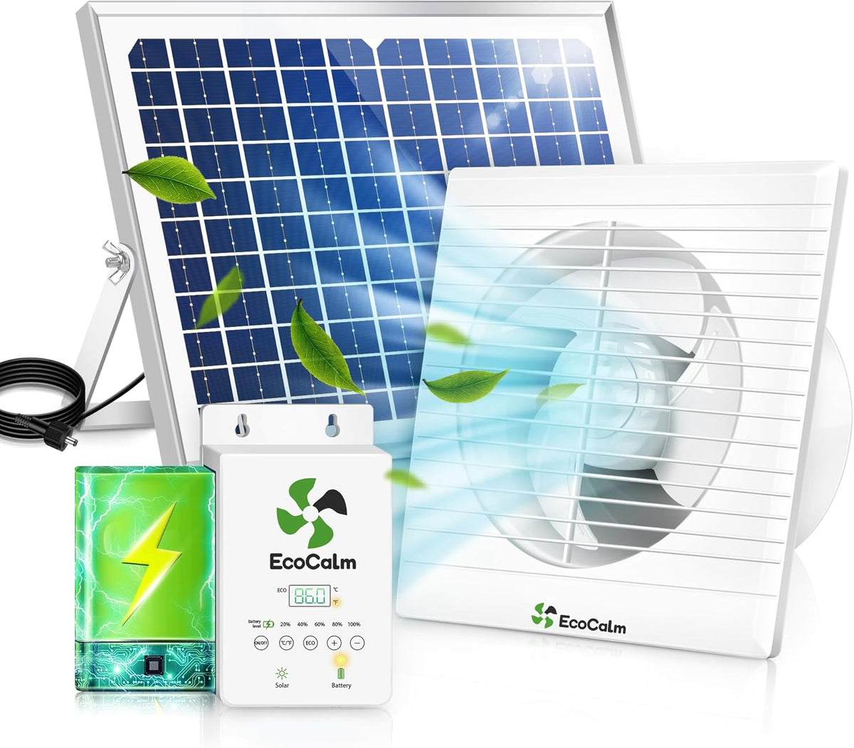 Solar Fan with Battery and Adjustable Thermostat, 8" Solar Powered Fans for Shed with 25W Bifacial Solar Panel & Exhaust Fan for Greenhouse/Outside with Anti-backflow Valve