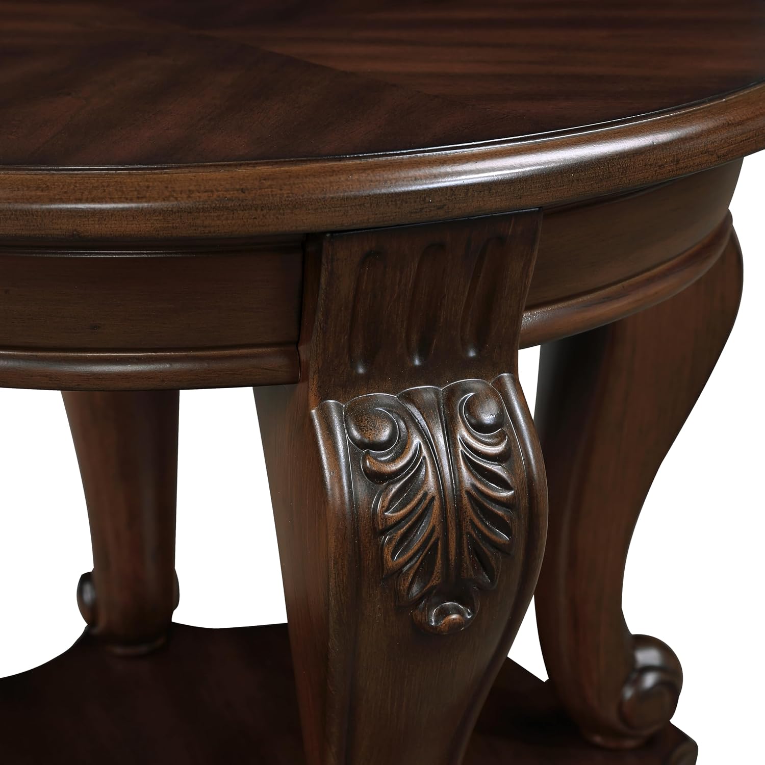 JIJIWANG Wood Round Sofa Table with Antique Carved Legs Oval End Table with Buttom Shelf for Small Space, Cherry