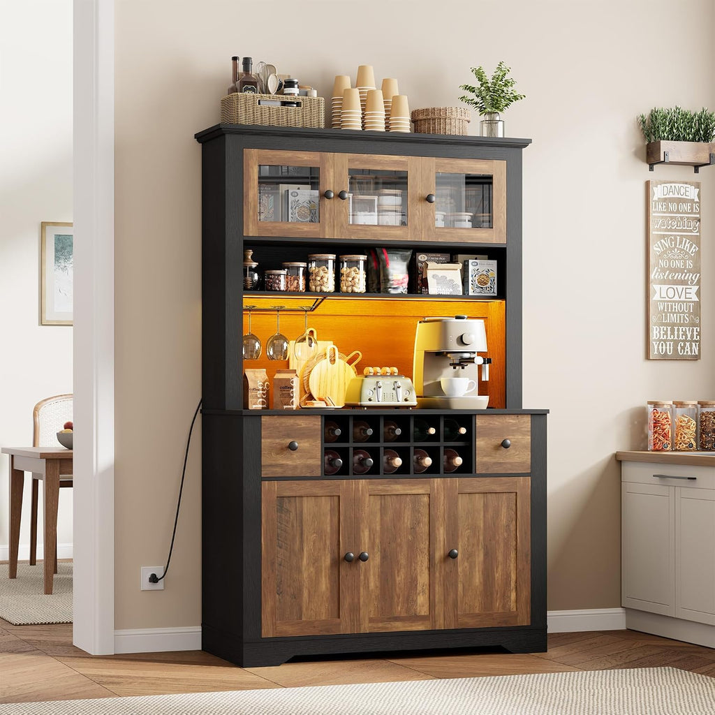 GAOMON 69" Pantry Cabinet with LED Light & Charging Station, Kitchen Pantry Storage Cabinet with Drawer & Adjustable Shelves, Coffee Bar Table for Kitchen Room, Living Room, Dining Room, Black