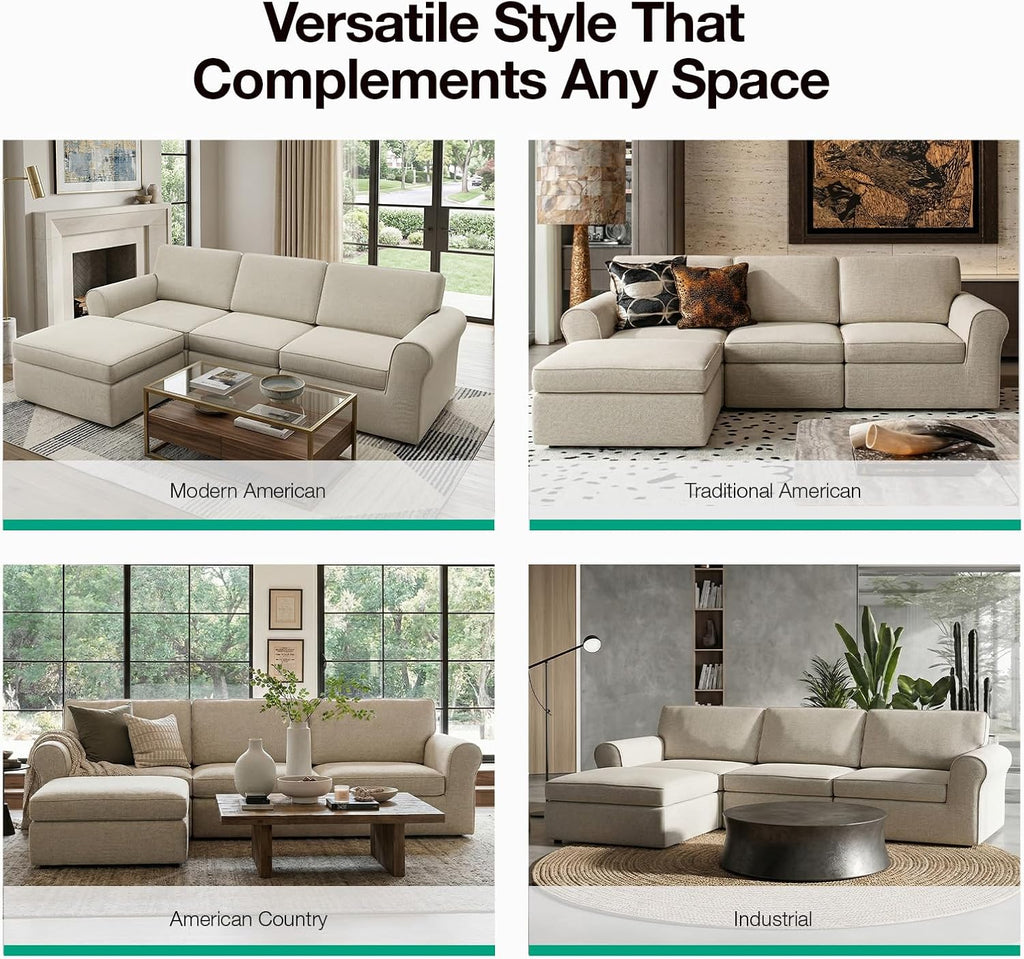 Novilla 108" Modular Sectional Sofa, Modular Sectional Couches for Living Room Bedroom, Chenille Removable Cover Cloud Couch with Smarts Coil® Support L-Shaped Couch(Beige, 3 Seater + 1 Ottoman)