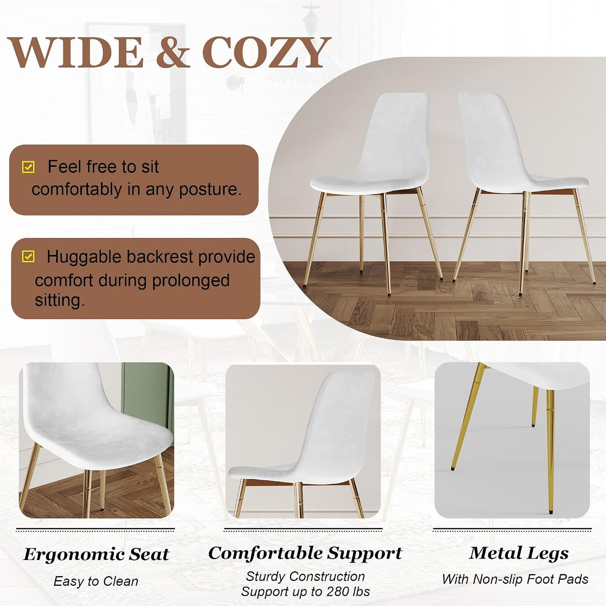 Glass Dining Table Set for 4 with Chairs, Modern 5 Piece Dining Room Set with 36" Round Tempered Glass Table & 4 Velvet Chairs for Kitchen, Apartment, Home (Gold+White)