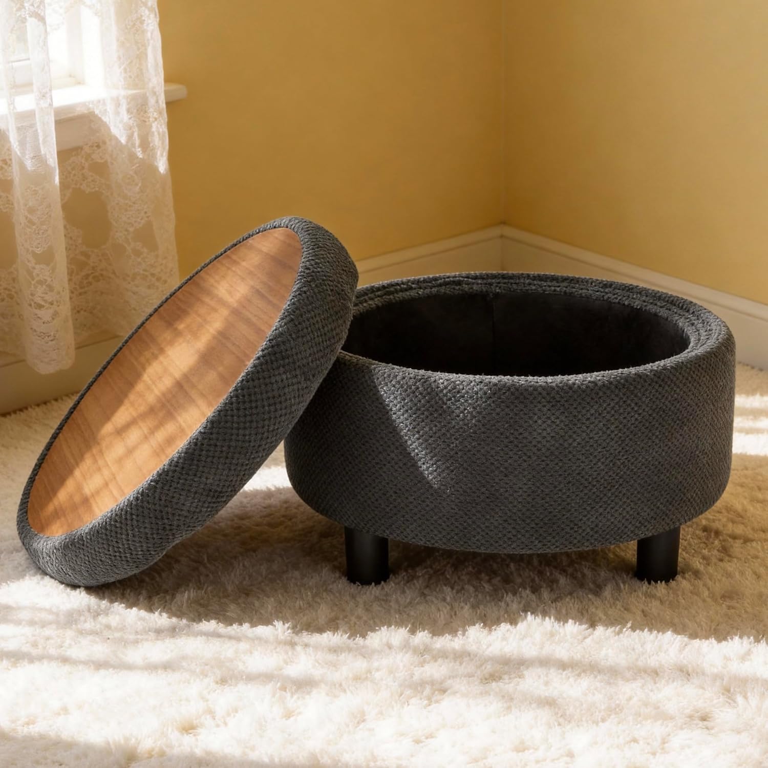25'' Round Storage Ottoman with Reversible Tray Lid, Tufted Footrest Stool with Hidden Storage, Couch Side Table for Low Tea (Dark Grey)