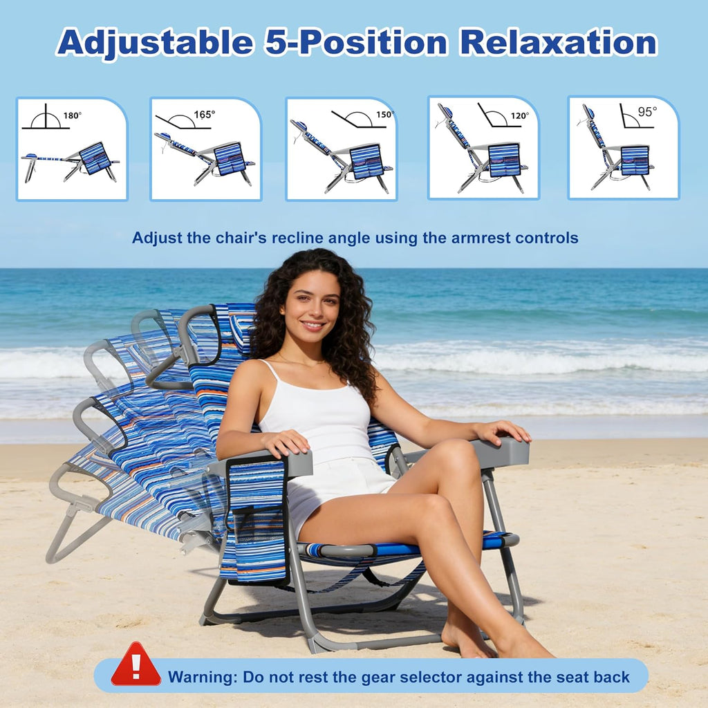 DIAMONDFORGE 2 Pack Lightweight Portable Beach Chair for Adults, 350 LBS Capacity Backpack Beach Chair, Reclining Beach Chair with 5-Position Lay Flat, Large Cup Holder for Beach Camping Sports