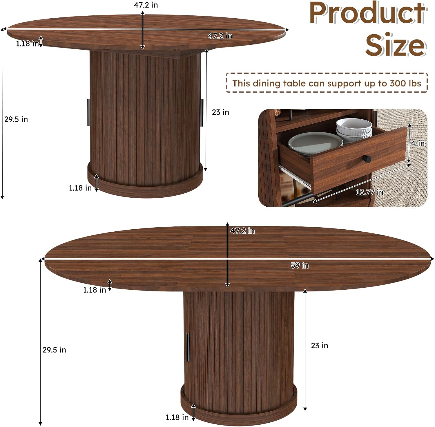 Round Extendable Dining Room Table for 4 6, 47"-59" Oval Expandable Kitchen Table w/Storage Shelf and Drawer, Farmhouse Walnut Space Saving Wood Dinner Tables with Fluted Pedestal Base