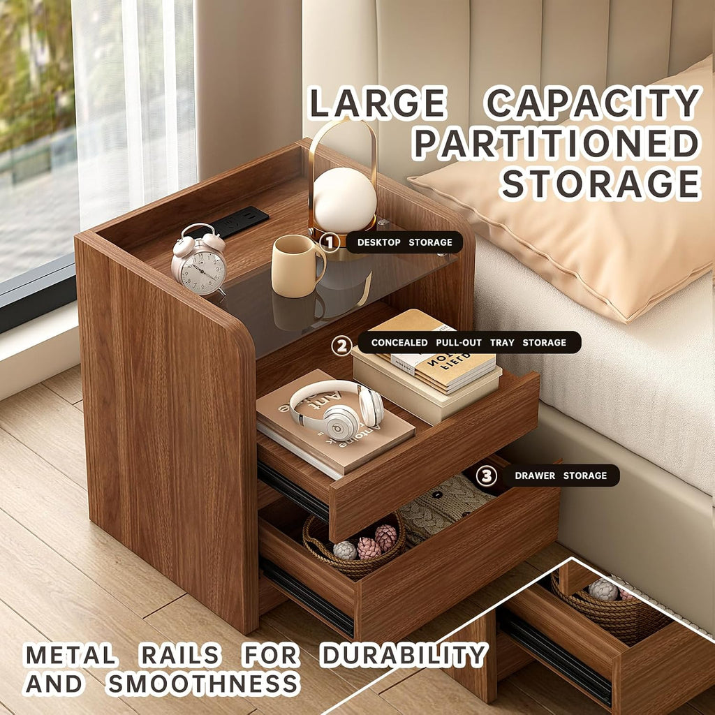 Messenya Modern Nightstand for Bedrooms Set of 2, 20" Wide w/Charging Station & Curved Anti-Collision Design, Mid-Century Storage Cabinet w/Pre-Embedded Slots, Reinforced Panel Construction (2)