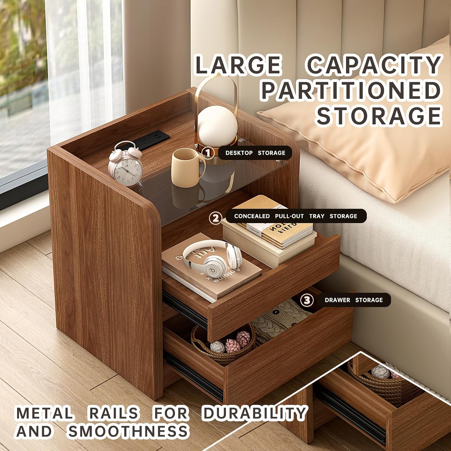 Messenya Modern Nightstand for Bedrooms Set of 2, 20" Wide w/Charging Station & Curved Anti-Collision Design, Mid-Century Storage Cabinet w/Pre-Embedded Slots, Reinforced Panel Construction (2)