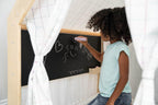 Avenlur Flair - 5 in 1 Indoor Playhouse with Desk Table, Chair, Chalkboard, Floor Cushion and Curtain Shades - Montessori and Waldorf Style for Ages 1 to 8 Years Old - (Large, Colorful Windowpane)