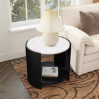 DDAYALANE Farmhouse Wooden Bedside Table for Living Room, White Faux Marble Tabletop, 25" Round Side Table Night Stand for Bedroom with 2-Tier Storage End Table, Rustic Black and White