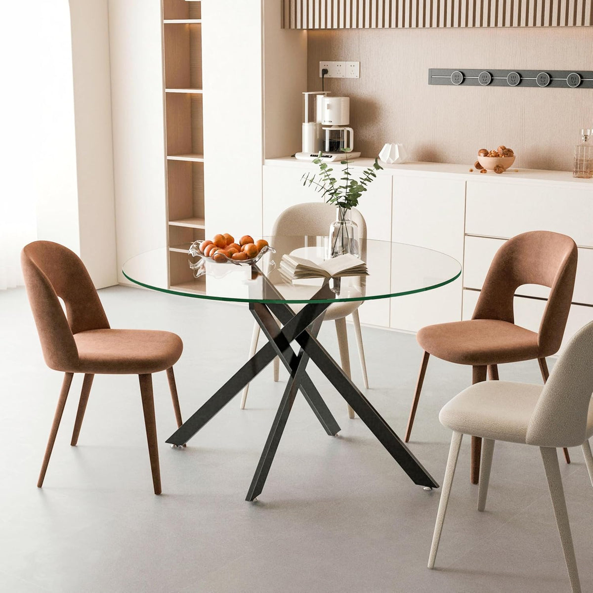 HomVent 47-inch Round Glass Dining Table for 4, Round Glass Kitchen Table with Metal Legs, Circle Dining Room Table for Space-Saving Kitchen Living Room